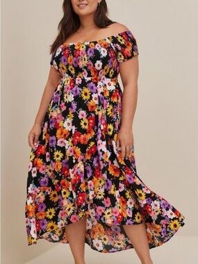 torrid Black Off-Shoulder Floral High-Low Midi Dress